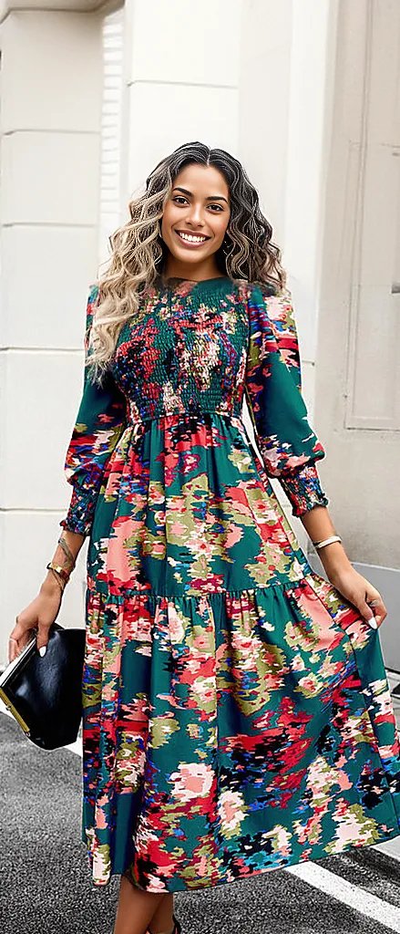 Printed Smocked Lantern Sleeve Ruffled Dress