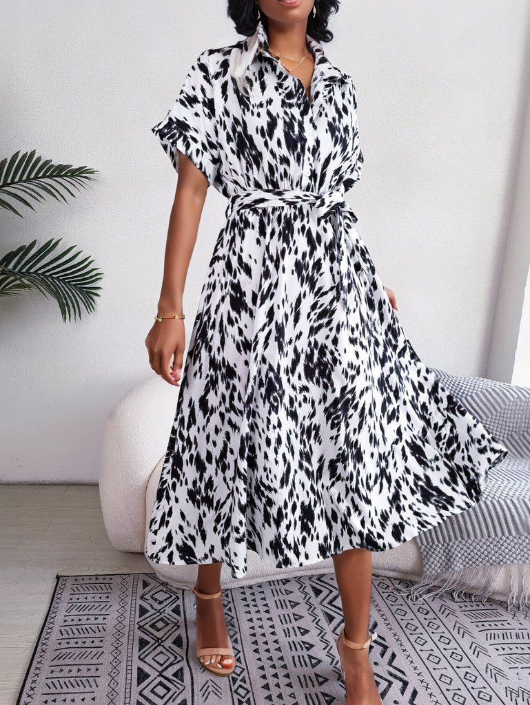 Printed Collared Neck Short Sleeve Tie Waist Dress