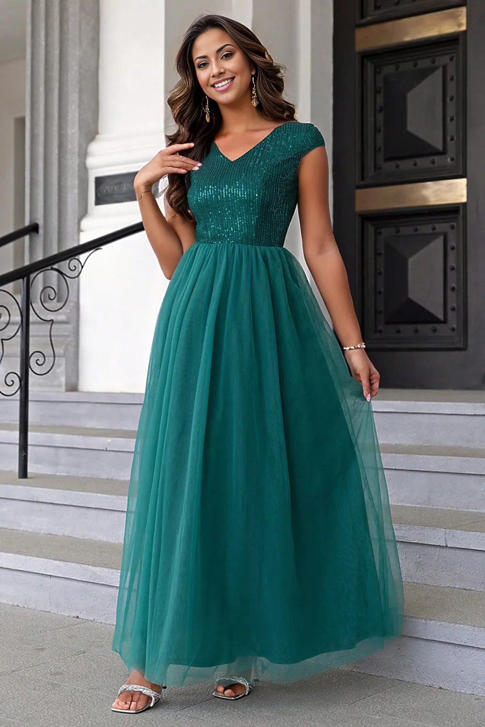 Sequin V-Neck Mesh Maxi Dress