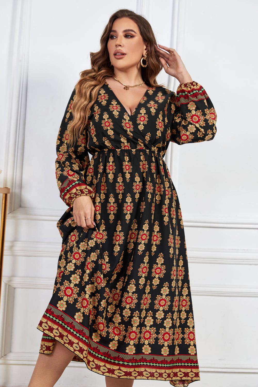 Plus Size Printed Surplice Neck Balloon Sleeve Midi Dress