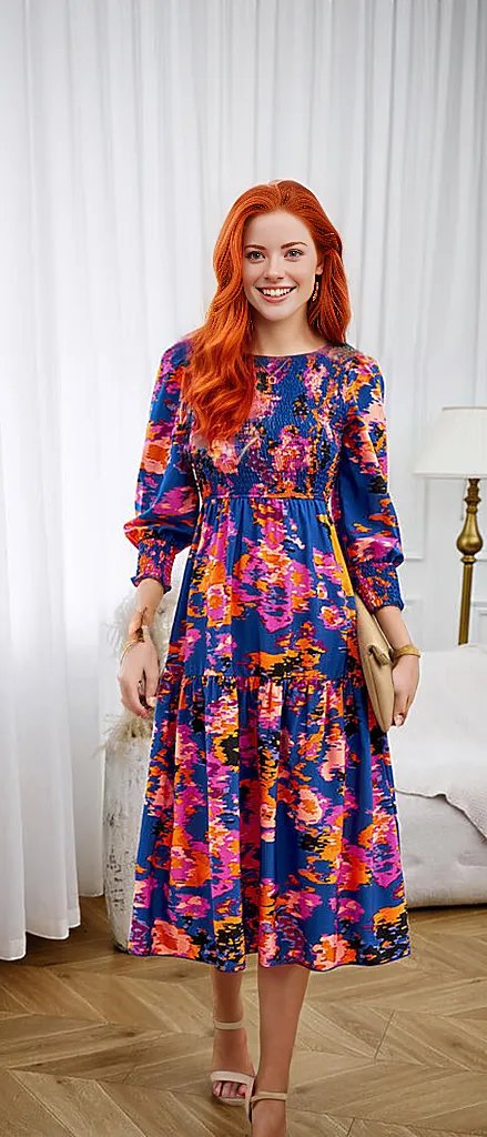 Printed Smocked Lantern Sleeve Ruffled Dress