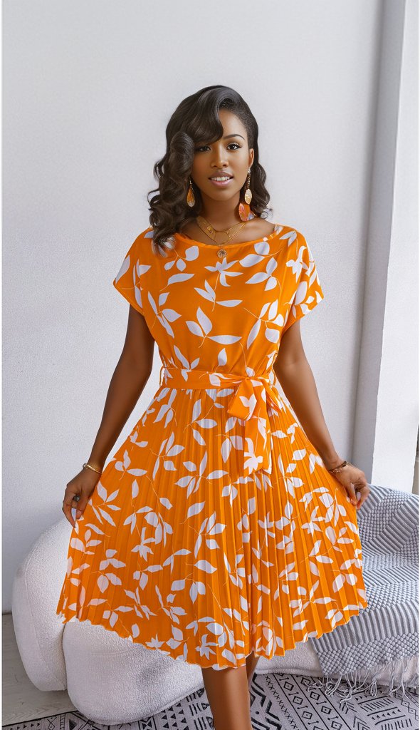 Printed Round Neck Short Sleeve Pleated Dress