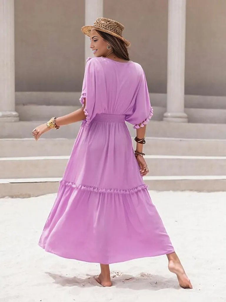 Tassel Trim Smocked V-Neck Short Sleeve Dress