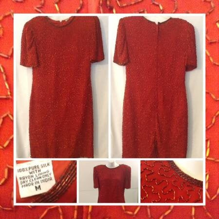 Red Indian Vintage 100% Pure Silk Beaded Dress, Size Medium - Gently Used
