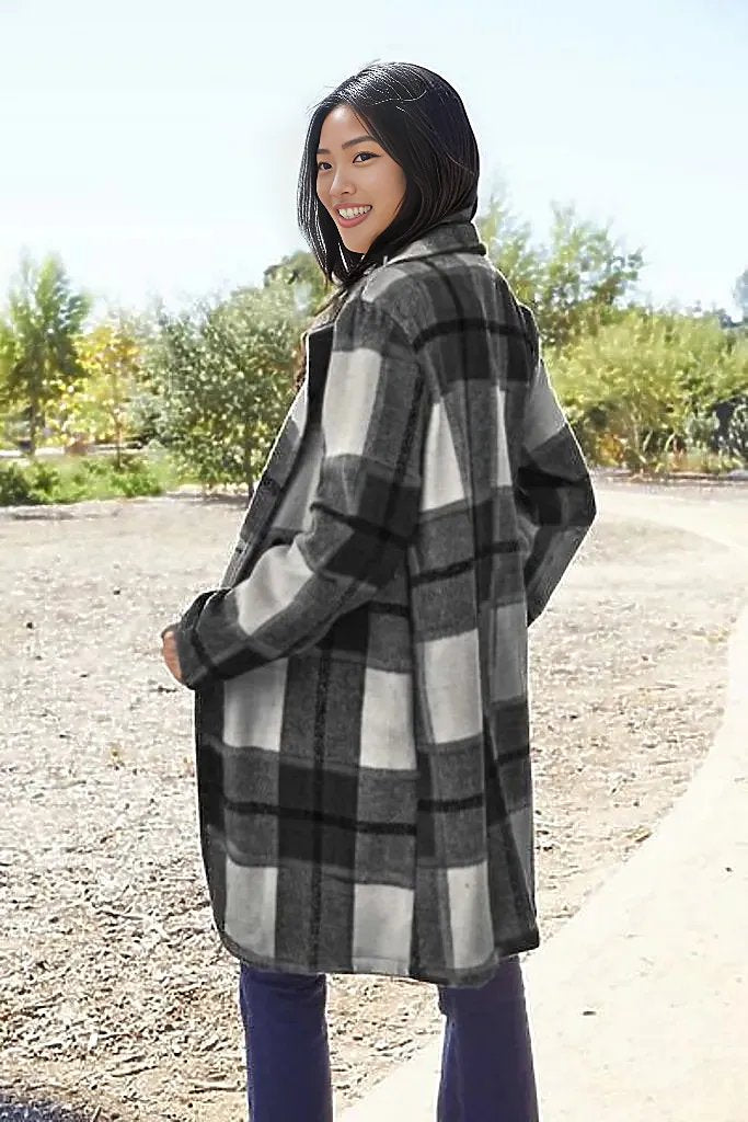Double Take Full Size Plaid Button Up Lapel Collar Coat