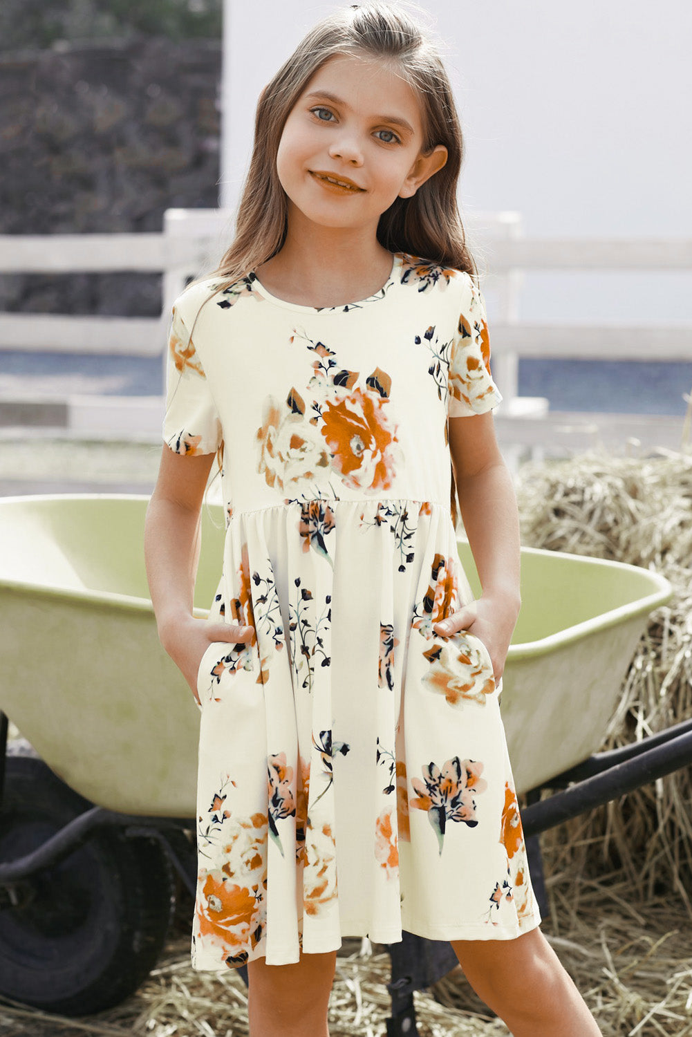 Girls Floral Short Sleeve Round Neck Dress, Sizes 4T - 12