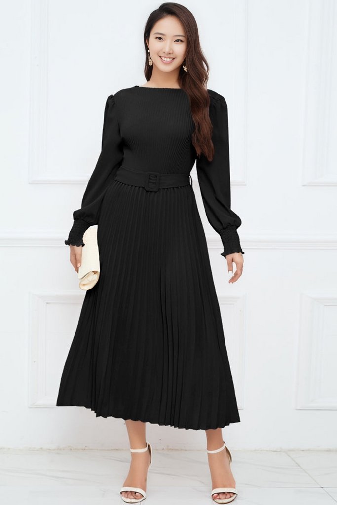 Round Neck Flounce Sleeve Pleated Dress