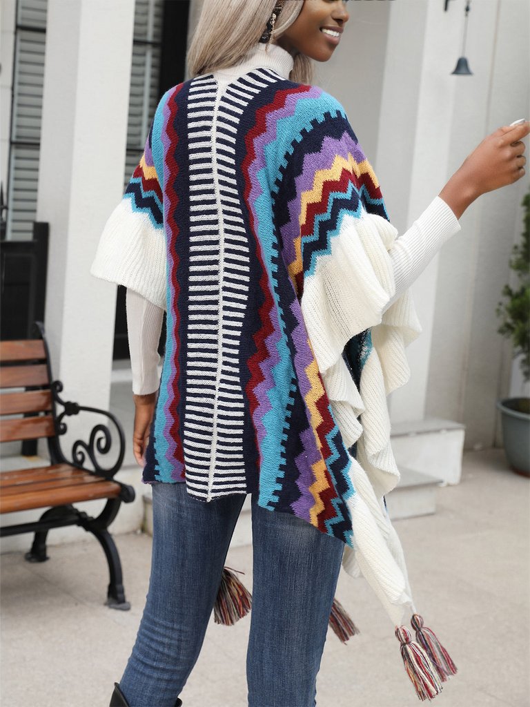 Striped Open Front Poncho with Tassels
