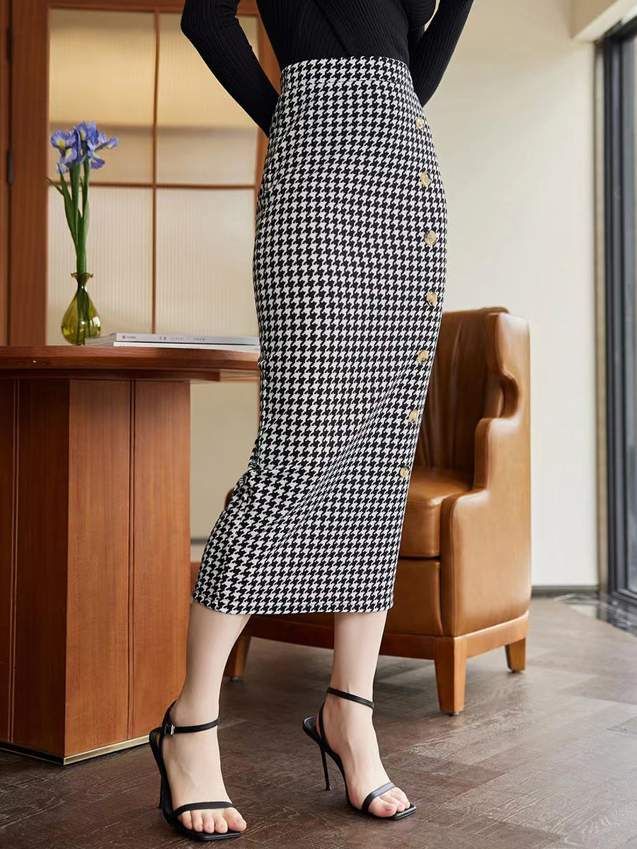 Uylee's Boutique Houndstooth Decorative Button Slit Midi Skirt