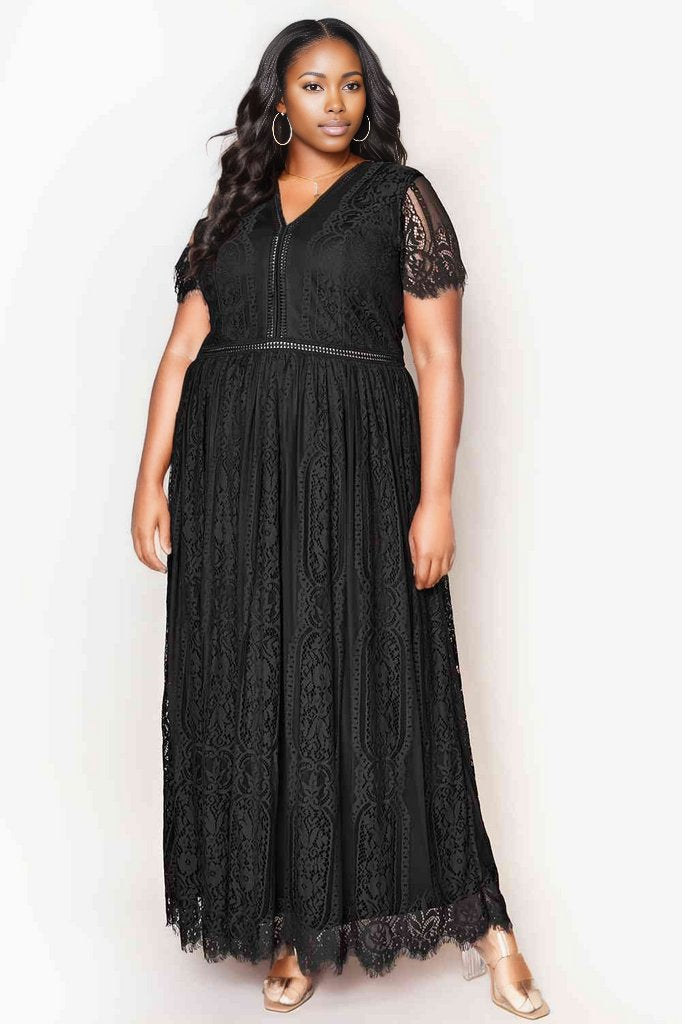V-Neck Short Sleeve Lace Maxi Dress