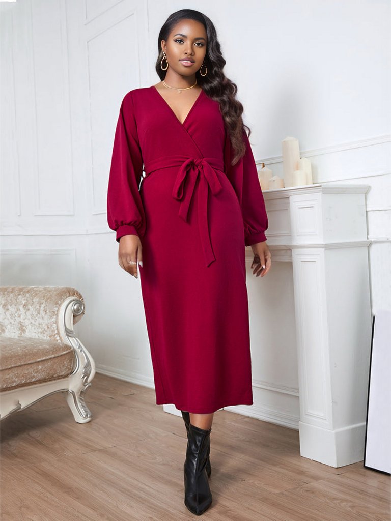 Plus Size Surplice Neck Tie Waist Dress