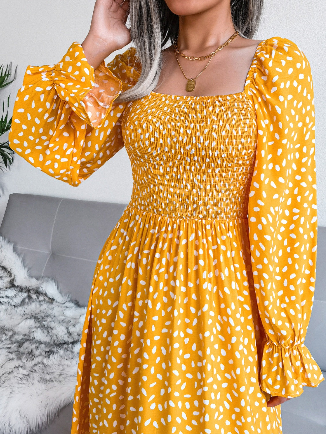 Smocked Square Neck Flounce Sleeve Dress - Three Color Choices