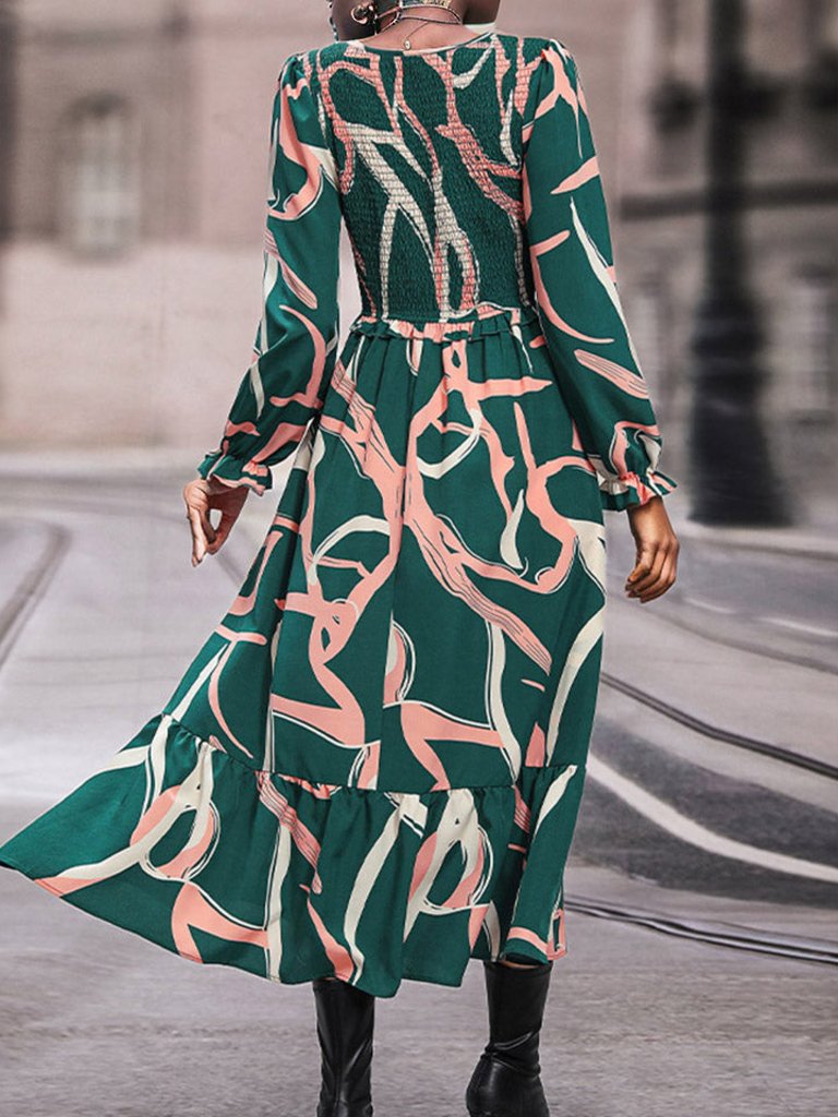 Printed Smocked V-Neck Three-Quarter Sleeve Midi Dress