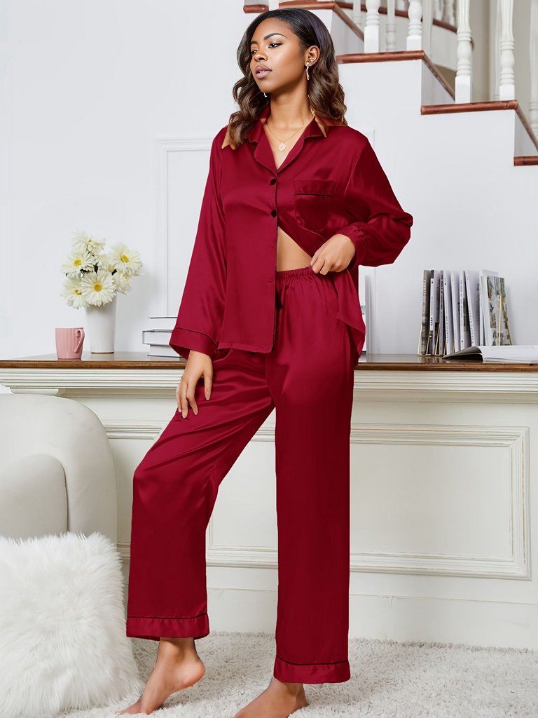 Lapel Collar Long Sleeve Top and Pants Pajama Set