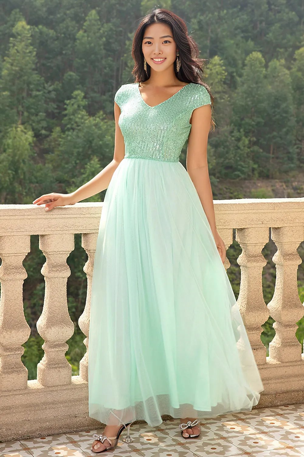 Sequin V-Neck Mesh Maxi Dress