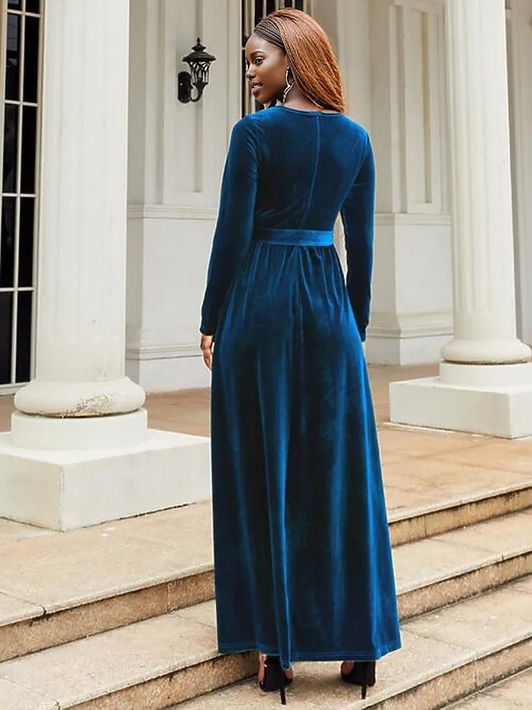 Tie Front Round Neck Long Sleeve Maxi Dress