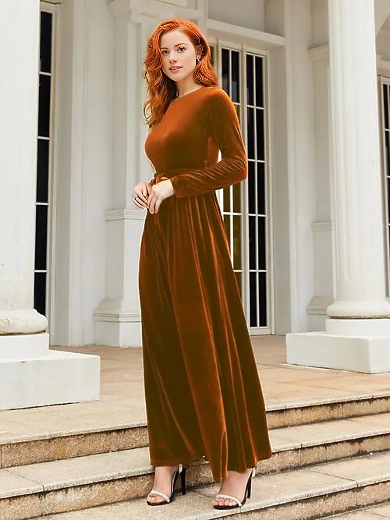 Tie Front Round Neck Long Sleeve Maxi Dress