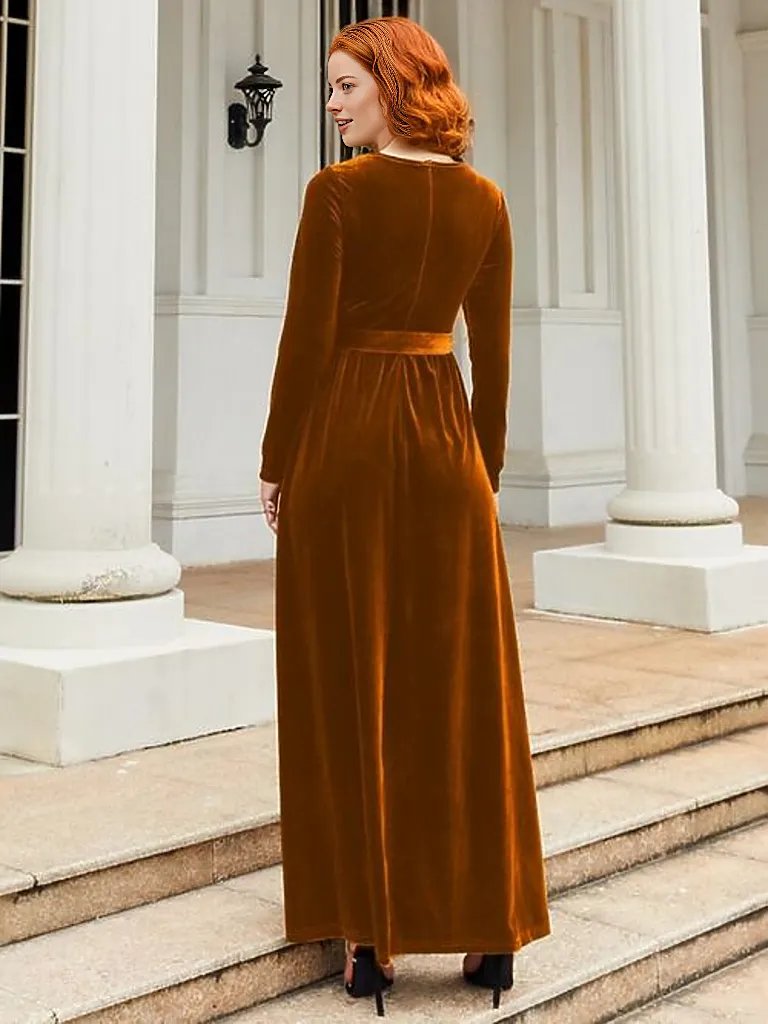 Tie Front Round Neck Long Sleeve Maxi Dress