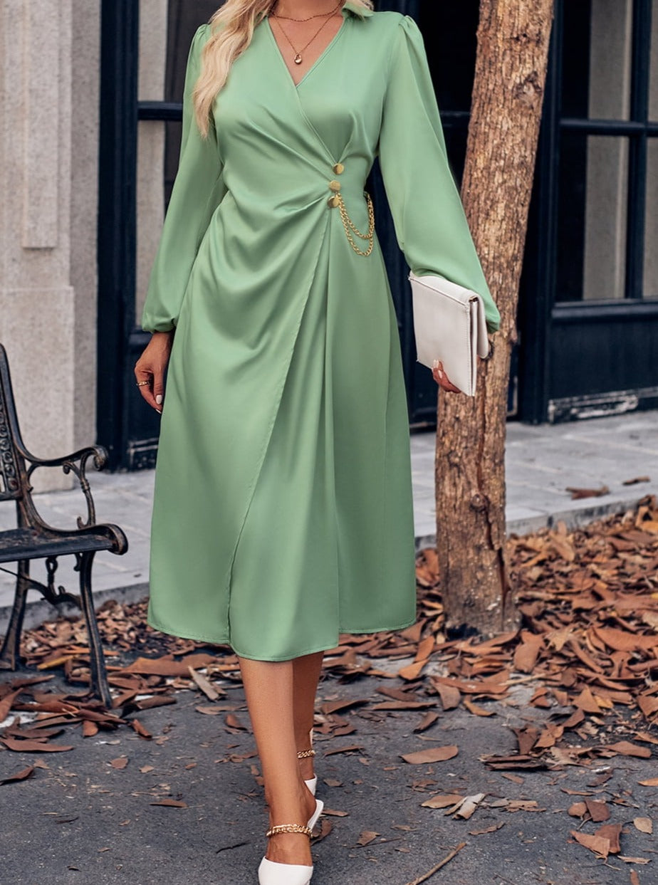 Surplice Neck Puff Sleeve Midi Dress
