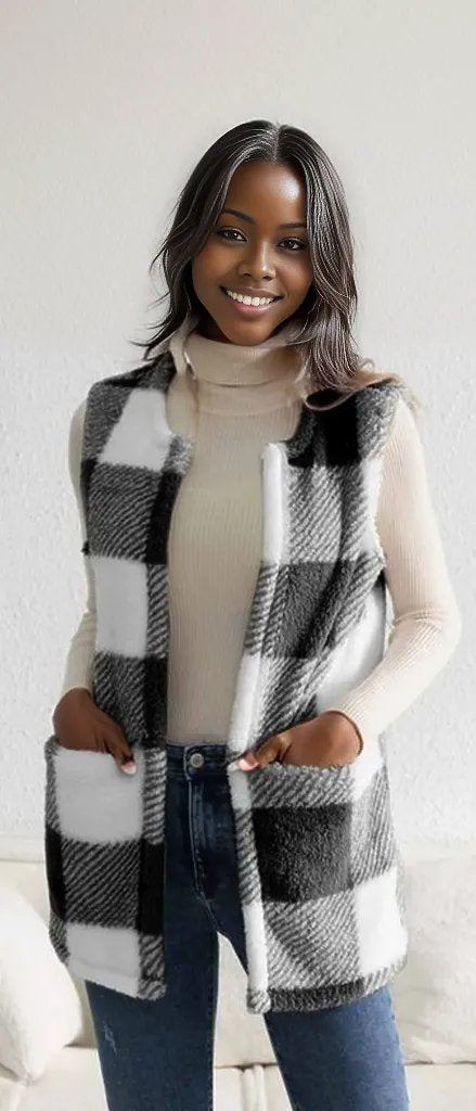 Sherpa Plaid Open Front Vest Coat