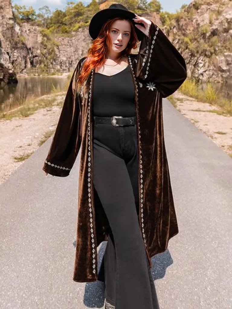 Plus Size Embroidery Open Front Long Sleeve Cardigan