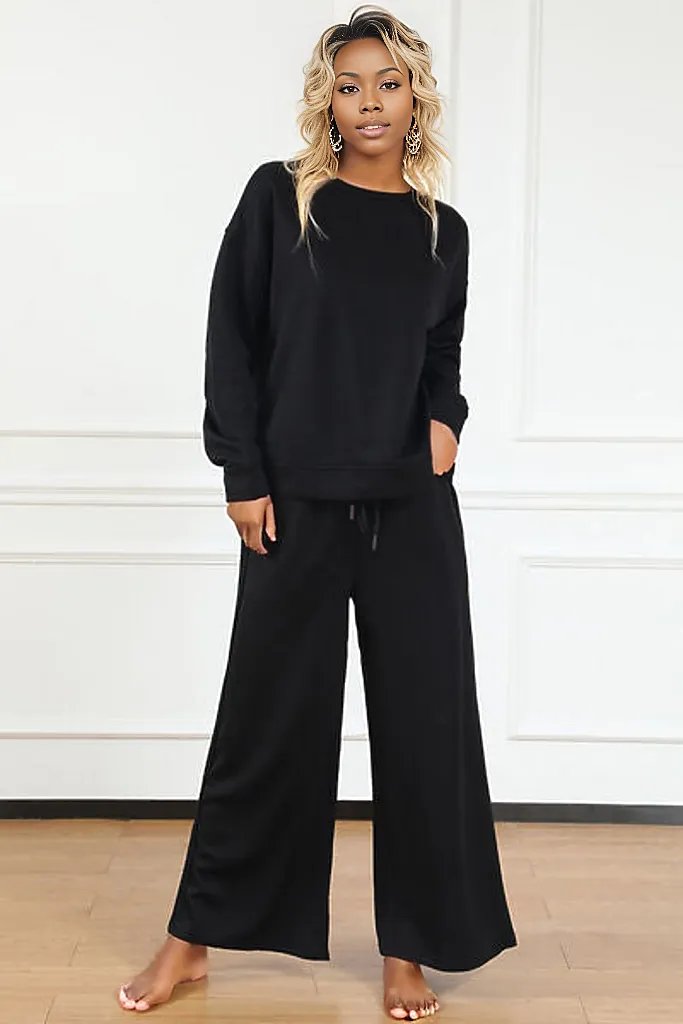 Double Take Full Size Textured Long Sleeve Top and Drawstring Pants Set