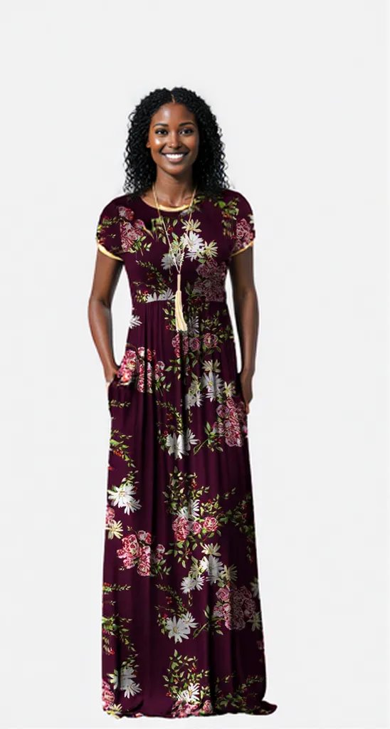 Full Size Printed Round Neck Short Sleeve Dress with Pockets