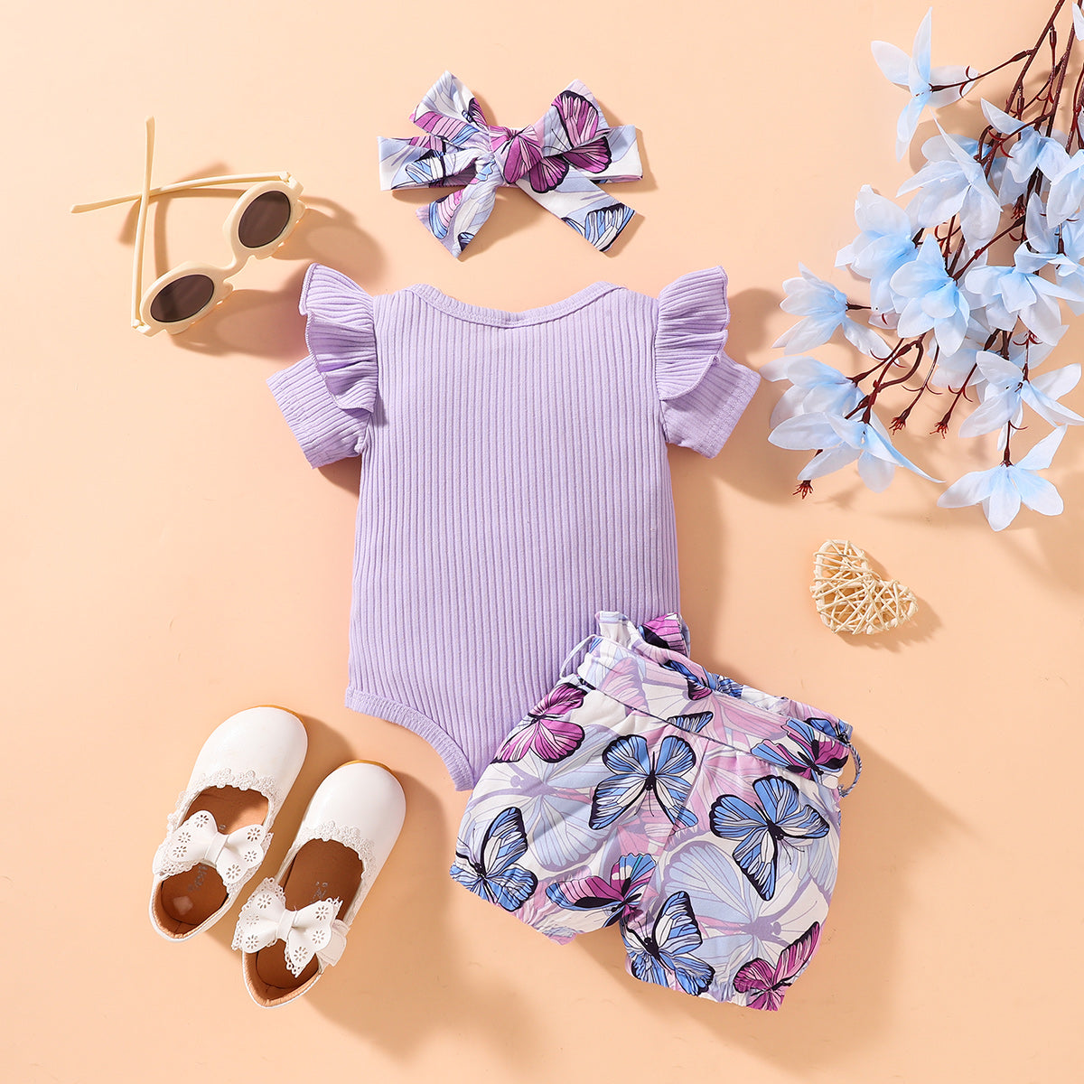 Uylee’s Boutique Ribbed Ruffle Shoulder Bodysuit and Butterfly Print Shorts Set