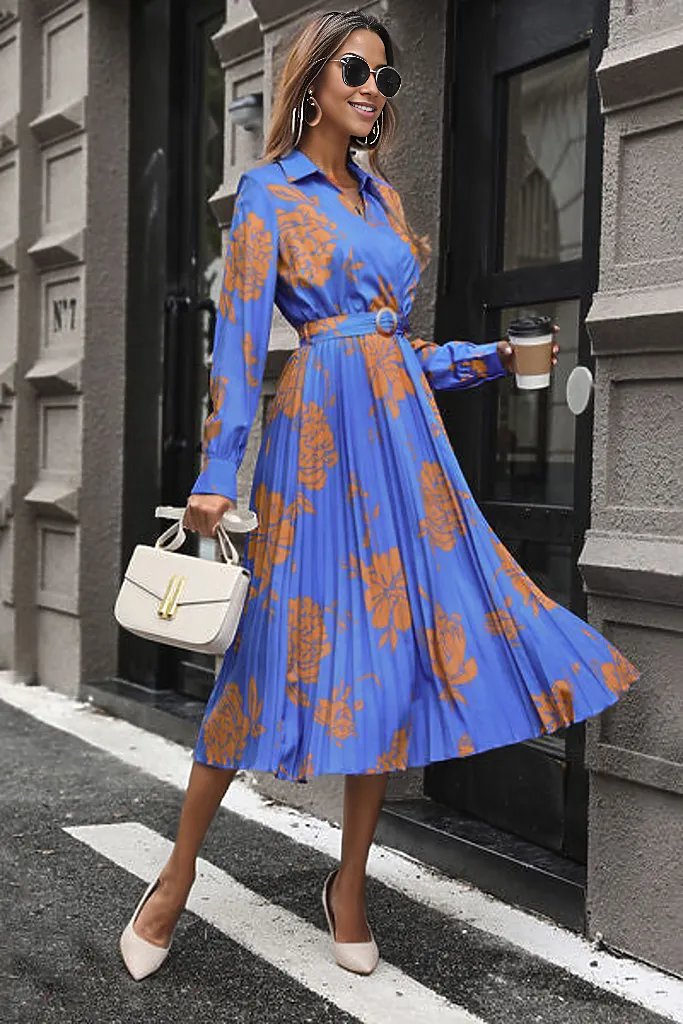 Floral Pleated Surplice Long Sleeve Midi Dress
