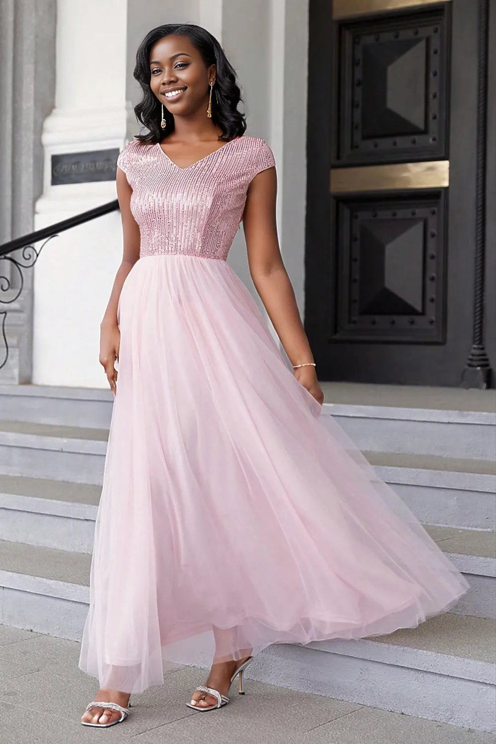 Sequin V-Neck Mesh Maxi Dress