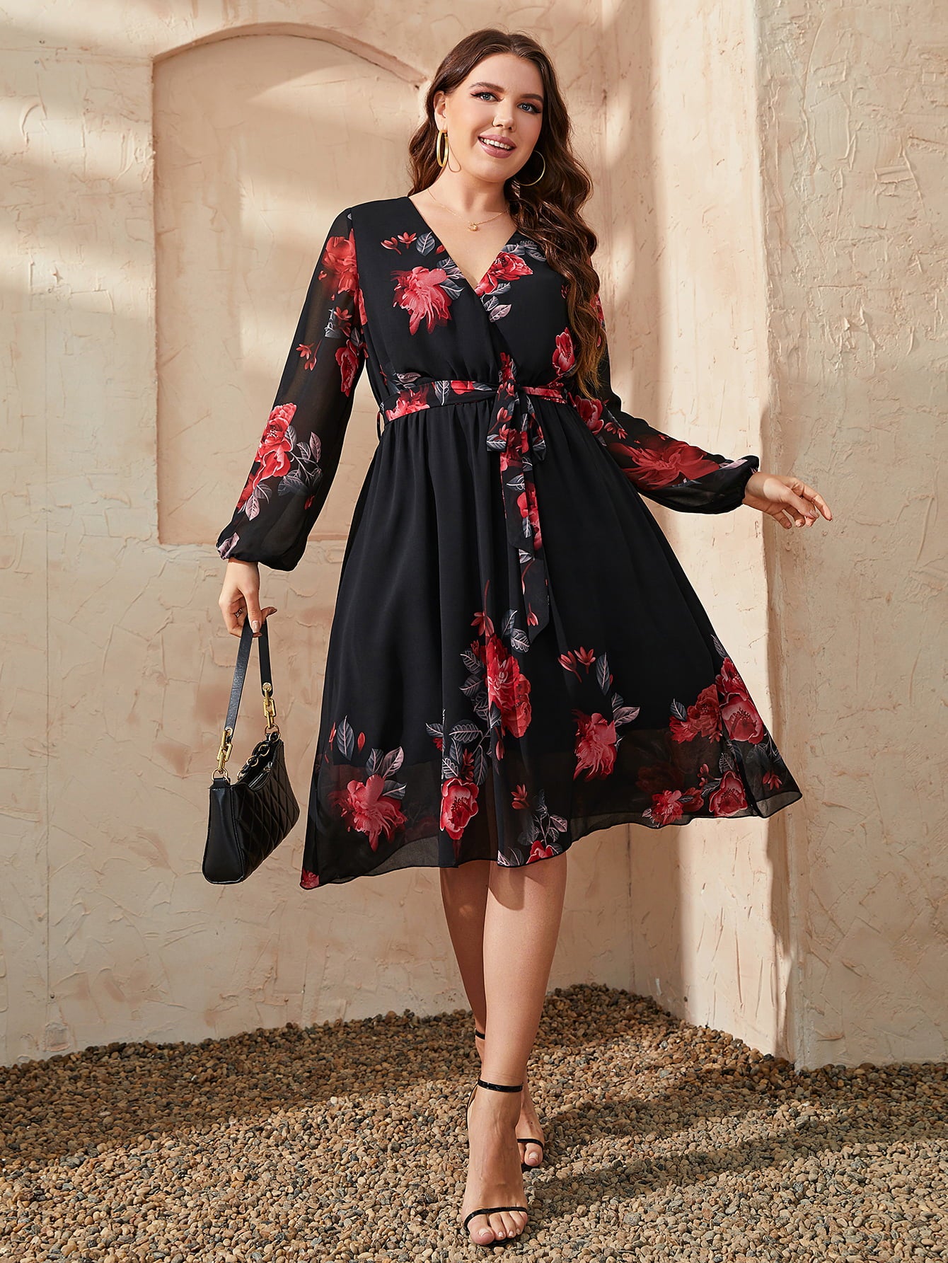 Uylee's Boutique Plus Size Floral Surplice Neck Tie Waist Dress