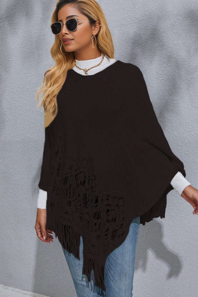 Round Neck Fringe Detail Poncho