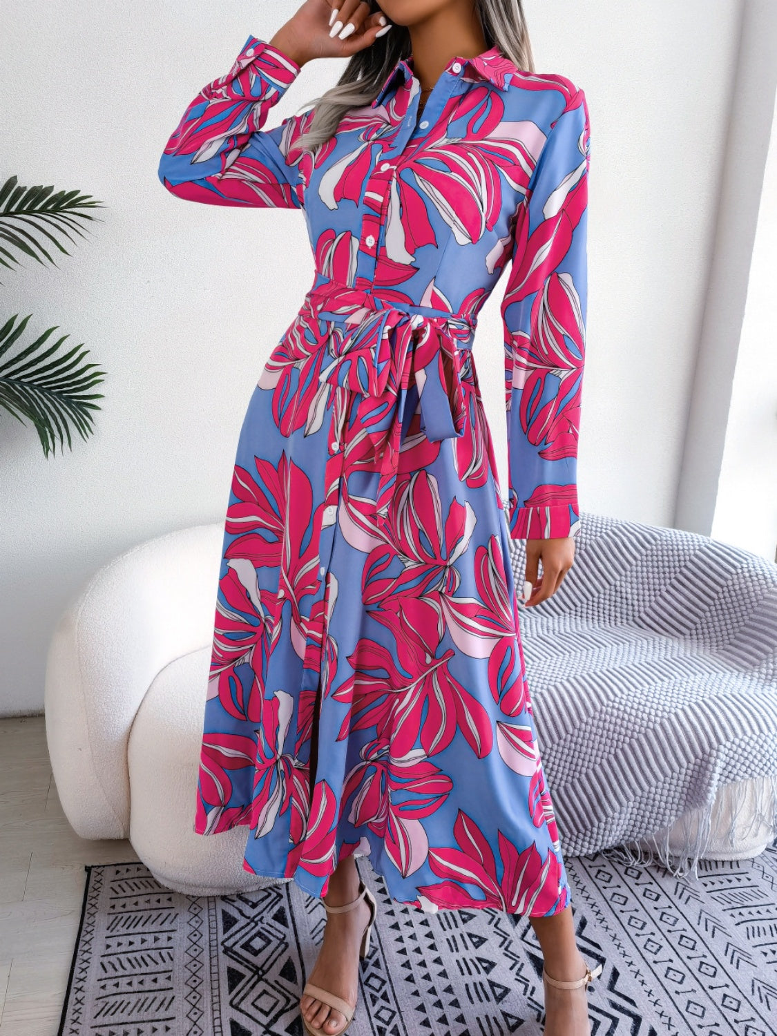 Tied Button Up Long Sleeve Dress - Three Color Choices