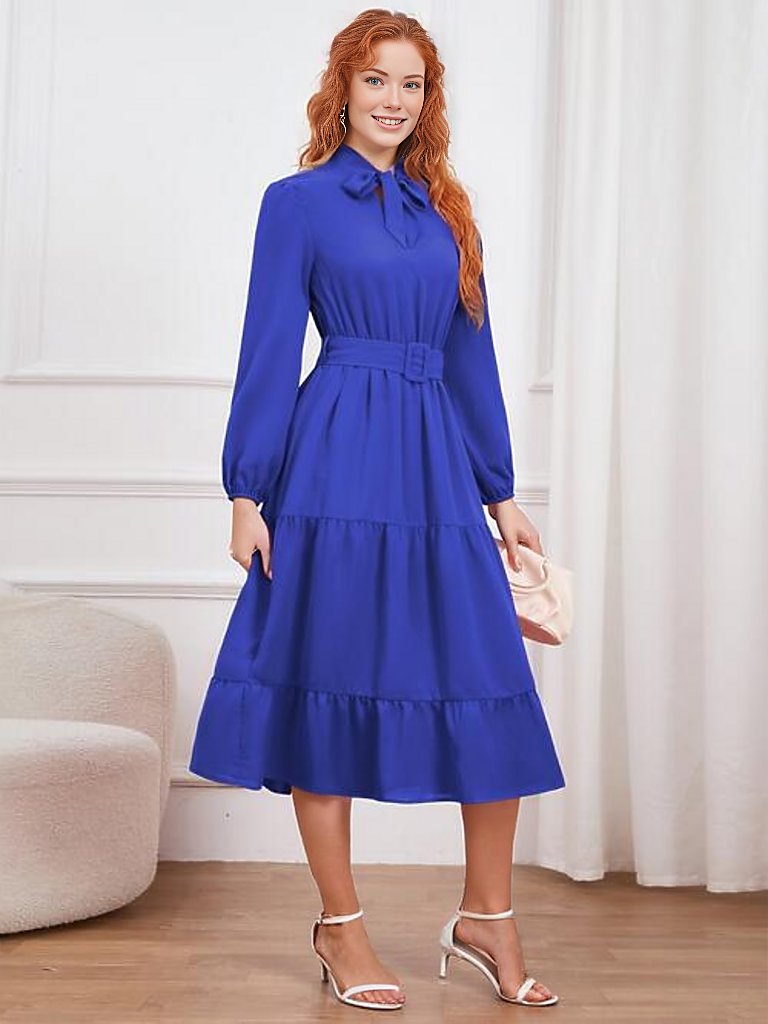 Tie Neck Long Sleeve Tiered Dress