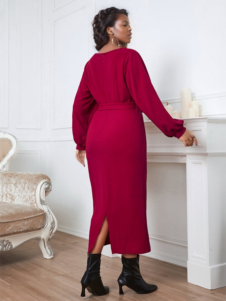 Plus Size Surplice Neck Tie Waist Dress