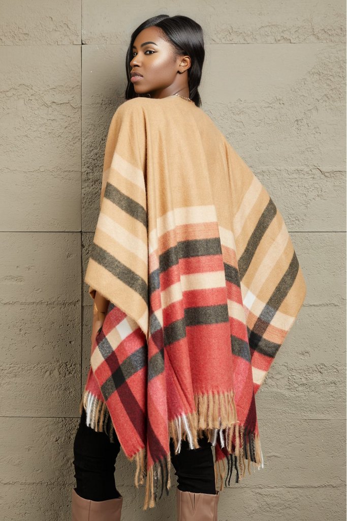 e.Luna Plaid Shawl Poncho Cardigan