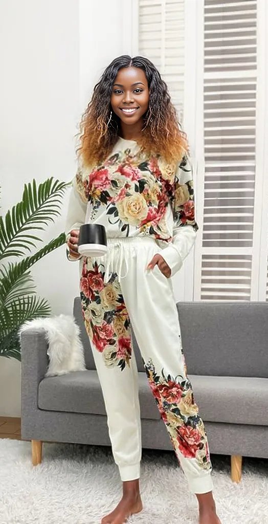 Printed Round Neck Top and Drawstring Pants Lounge Set