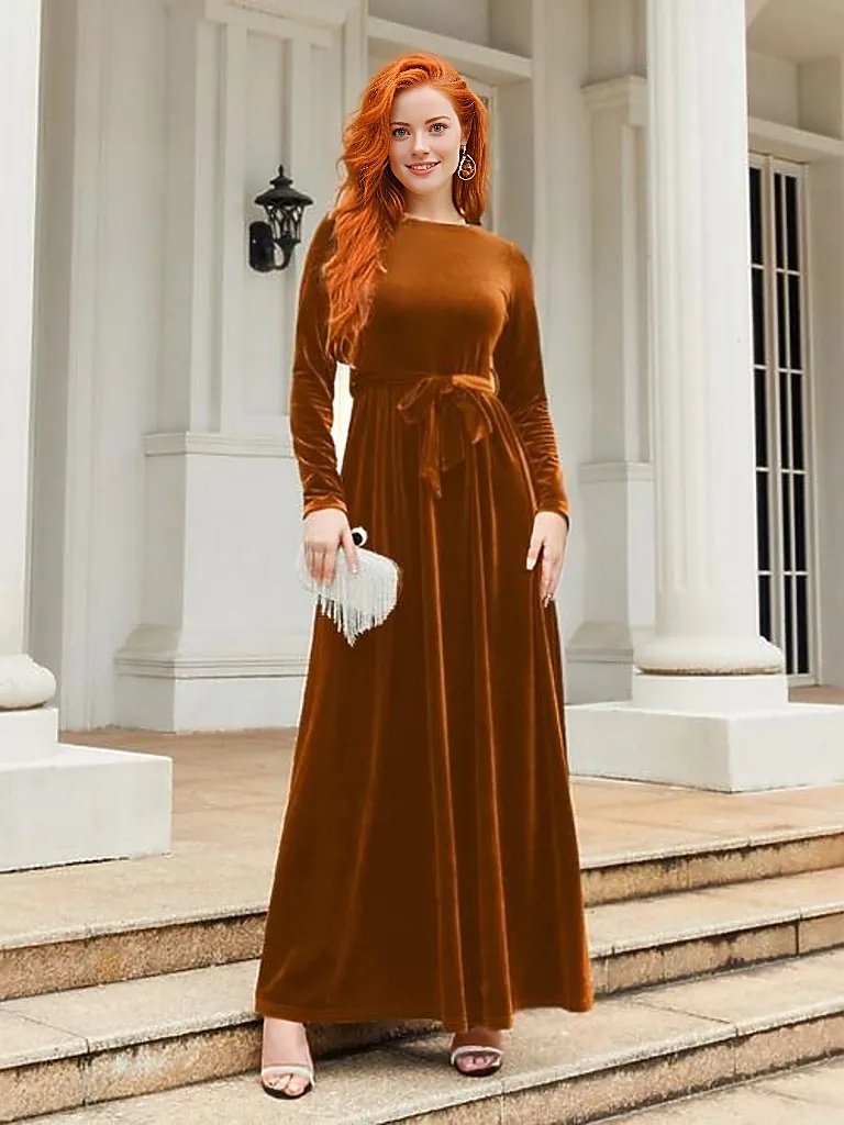 Tie Front Round Neck Long Sleeve Maxi Dress