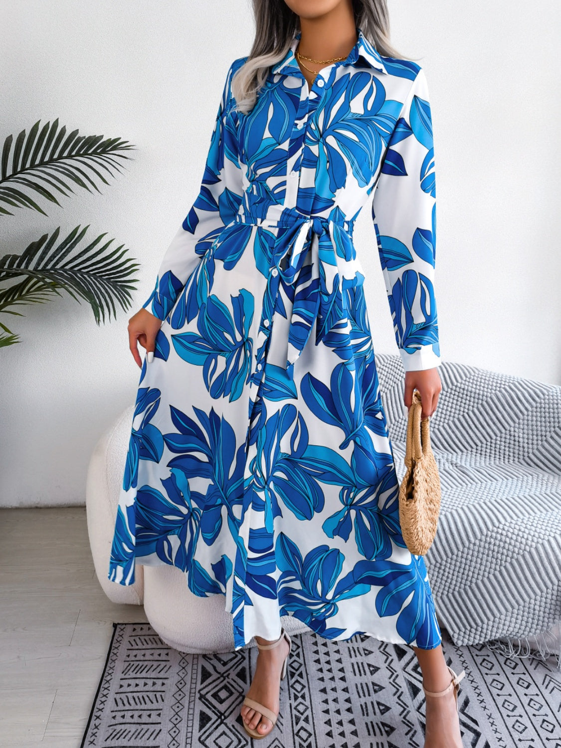 Tied Button Up Long Sleeve Dress - Three Color Choices
