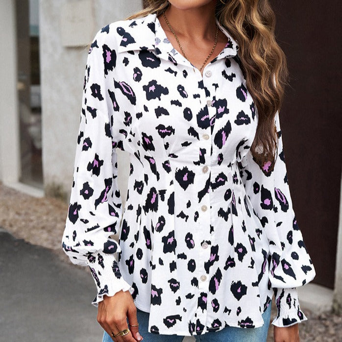 Printed Button-Up Lantern Sleeve Shirt
