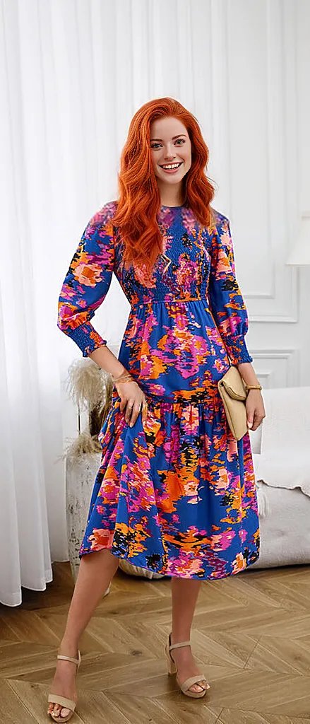 Printed Smocked Lantern Sleeve Ruffled Dress