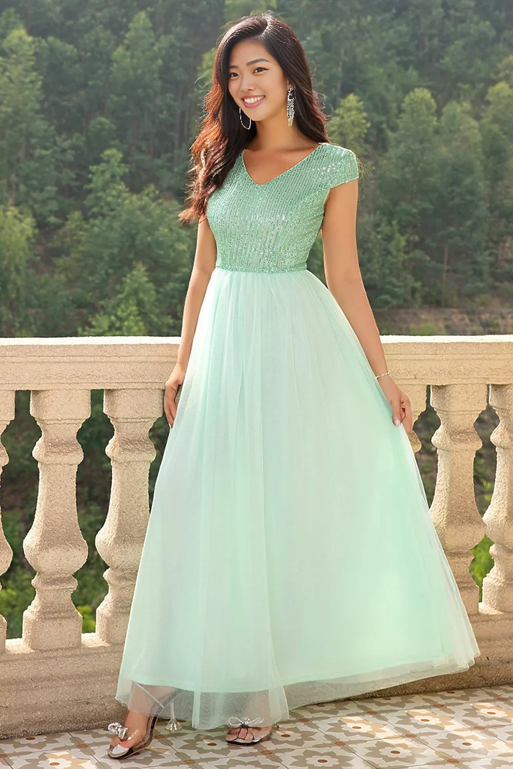 Sequin V-Neck Mesh Maxi Dress