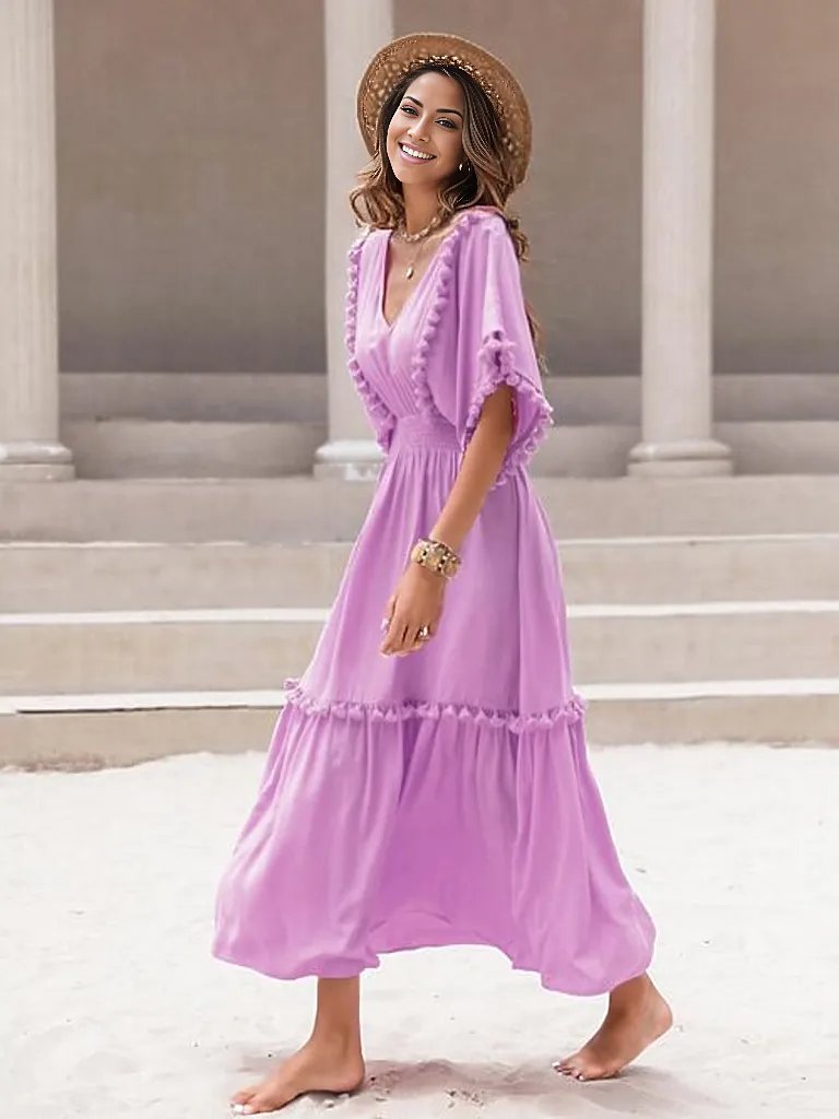 Tassel Trim Smocked V-Neck Short Sleeve Dress