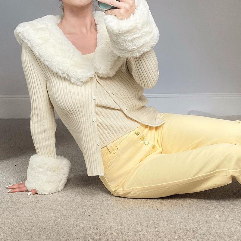 Fashion Fur Collar Acrylic Long Sleeve Outerwear with removable collar & cuffs