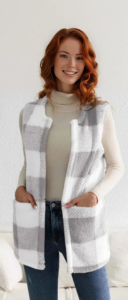 Sherpa Plaid Open Front Vest Coat