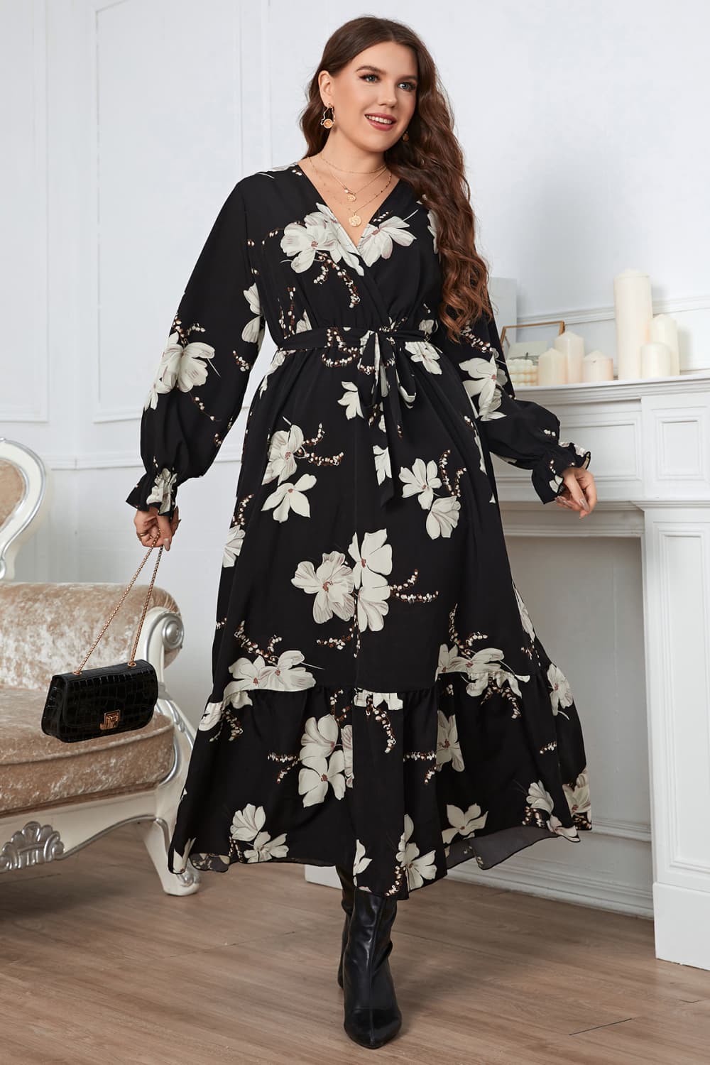Plus Size Floral Surplice Neck Flounce Sleeve Dress