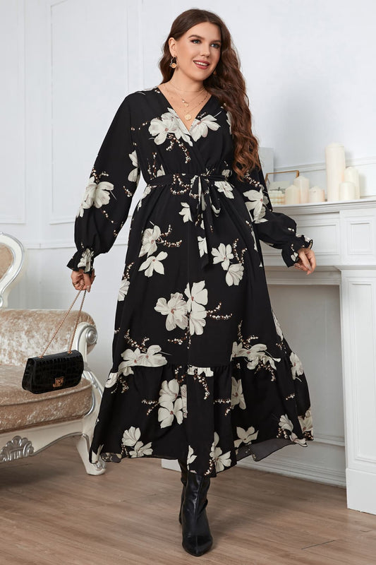 Plus Size Floral Surplice Neck Flounce Sleeve Dress