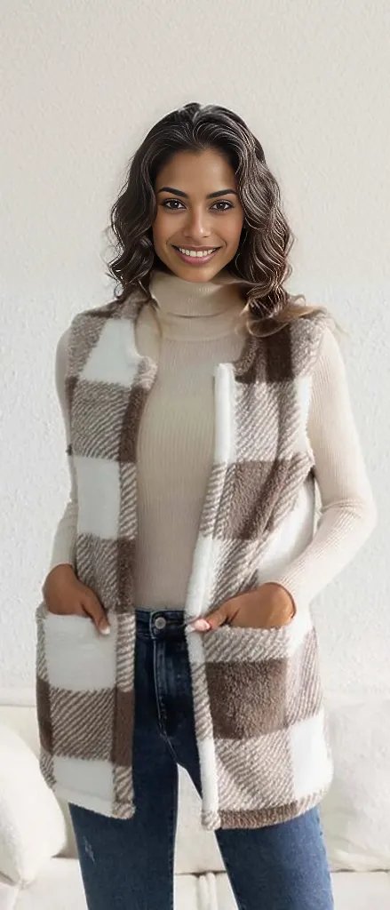 Sherpa Plaid Open Front Vest Coat