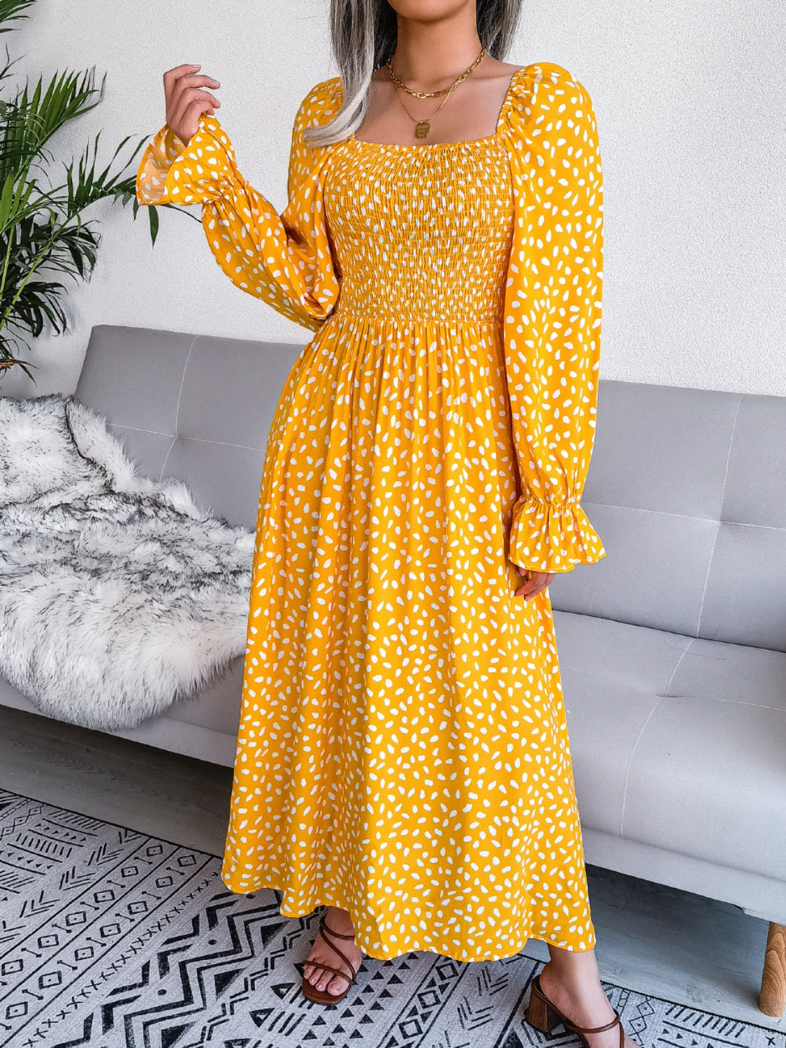 Smocked Square Neck Flounce Sleeve Dress - Three Color Choices