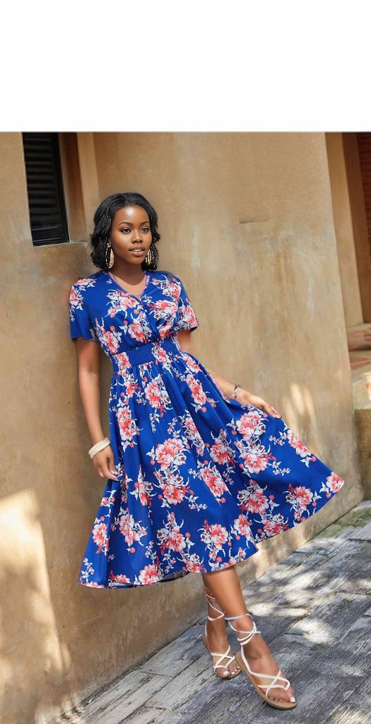 Elastic Waist V Neck Floral Print Midi Dress